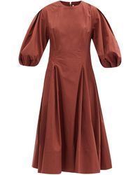 Another Tomorrow Puff-sleeve Organic-cotton Poplin Midi Dress - Brown