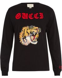 Gucci Tiger-appliqué Long-sleeved Cotton T-shirt - Black