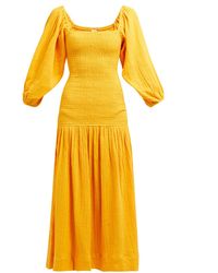 RHODE Harper Shirred Cotton-gauze Midi Dress - Yellow