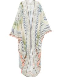 Camilla Peignoir en soie à imprimé Beach Shack - Blanc