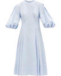 Another Tomorrow Puff-sleeve Organic-cotton Poplin Midi Dress - Blue