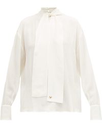 Valentino Logo-jacquard Pussy-bow Silk Blouse - White