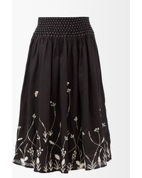 Thierry Colson Yulia Floral-embroidered Linen Midi Skirt in Black White Womens Clothing Skirts Mid-length skirts Black 