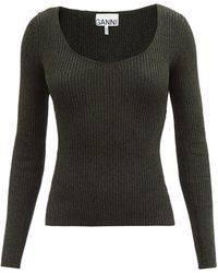 Ganni Scoop-neck Ribbed-knit Top - Green