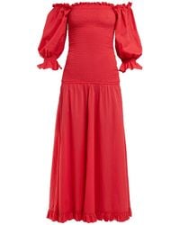 RHODE Eva Smocked Off-the-shoulder Cotton Dress - Red