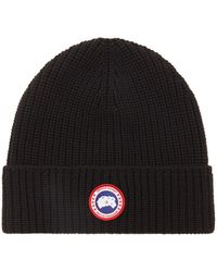 Canada Goose Patch-logo Rib-knit Merino Wool Beanie Hat - Black