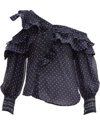 Self-Portrait Ruffled Off The Shoulder Dobby Blouse - Blue