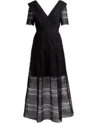 Self-Portrait V-neck Sheer Floral Lace Midi Dress - Black