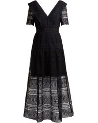 Self-Portrait V-neck Sheer Floral Lace Midi Dress - Black