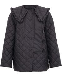 Ganni Ruffled-collar Quilted Recycled-fibre Ripstop Coat - Black