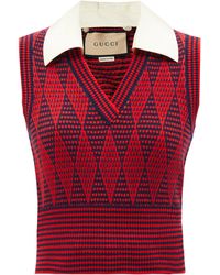 Gucci Detachable-collar Geometric-jacquard Wool Top - Red