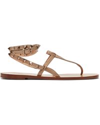 Valentino Rockstud Alce Metallic Ankle-wrap Thong Flat Sandals - Natural