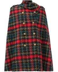 Balmain Scarf-trimmed Tartan Tweed Cape - Red