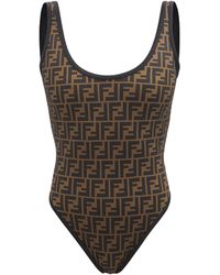 Fendi Scoop-neck Logo-print Swimsuit - Brown