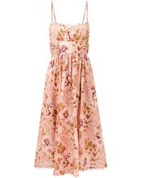 Zimmermann Rosa Lace-up Floral-print Linen Midi Dress - Pink