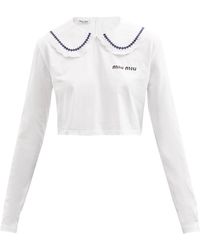 Miu Miu Peter Pan-collar Cotton Long-sleeved T-shirt - White