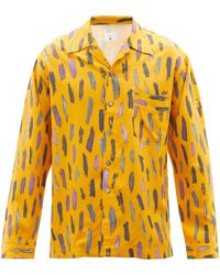 L.E.J Cuban-collar Brushstroke-print Canvas Shirt - Yellow