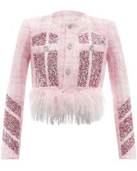Germanier Feather-trimmed Embellished Tweed Jacket - Pink