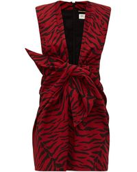 Saint Laurent Tiger Print Tie Front Dress - Red