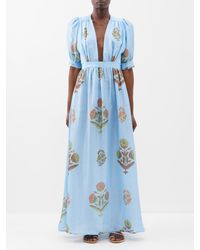 Hannah Artwear Surya Floral-print Plunge-neck Silk Maxi Dress - Blue