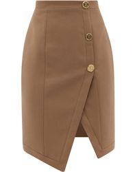 Balmain Asymmetrical-hem Wool Midi Skirt - Brown