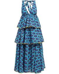 RHODE Leela Tiered Abstract-print Cotton Midi Dress - Blue