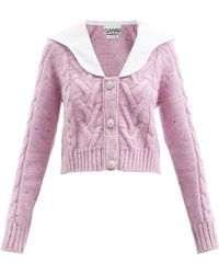 Ganni Collar Crystal-button Cable-knit Cardigan - Pink