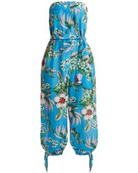 Diane von Furstenberg Floral Print Strapless Cotton Blend Jumpsuit - Blue