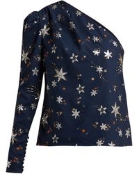 Self-Portrait One-shoulder Star-embellished Crepe Top - Blue