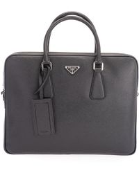 Prada Logo Plate Saffiano Leather Briefcase - Black