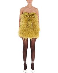 The Attico Feathered Sequin Bow Mini Dress - Yellow