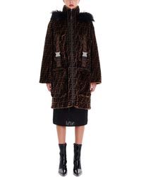 Fendi Ff Logo All Over Fur Trimmed Hood Shearling Parka - Black