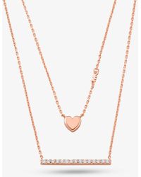 Michael Kors - Collier double en argent sterling plaqué en métal précieux avec pendentif cœur et barre à pierres pavées - Lyst