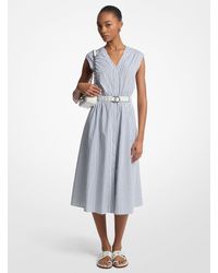 MICHAEL Michael Kors - Mk Robe Mi-Longue En Popeline De Coton Rayée À Ceinture - Lyst