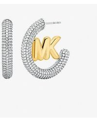 Michael Kors - Large Pavé Logo Charm Two-Tone Hoop Earrings - Lyst
