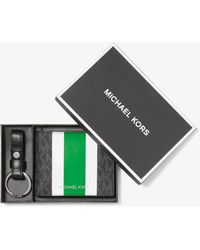 Michael Kors Logo Stripe Billfold Wallet And Keychain Gift Set - Green