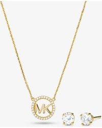 Michael Kors - 14k Rose Gold-plated Sterling Silver Pavé Logo Charm Necklace And Stud Earrings Set - Lyst