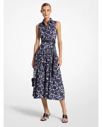 Michael Kors - Rose Print Drop Waist Cotton Poplin Midi Shirtdress - Lyst