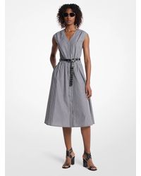 MICHAEL Michael Kors - Striped Cotton Poplin Belted Midi Dress - Lyst