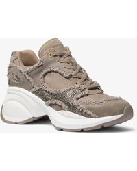 MICHAEL Michael Kors - Mk Zuma Embellished Frayed Mixed-Media Trainer - Lyst