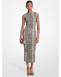 Michael Kors - Snake Print Stretch Jersey Ruched Midi Dress - Lyst