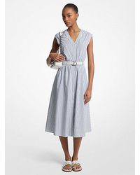 MICHAEL Michael Kors - Striped Cotton Poplin Belted Midi Dress - Lyst