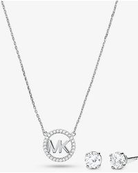 Michael Kors - Mk 14K Rose-Plated Sterling Pavé Logo Charm Necklace And Stud Earrings Set - Lyst