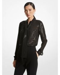 MICHAEL Michael Kors - Mk Pinstripe Sequined Georgette Tie-Neck Blouse - Lyst