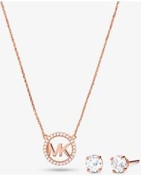 Michael Kors - Mk 14K Rose-Plated Sterling Pavé Logo Charm Necklace And Stud Earrings Set - Lyst