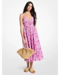 Michael Kors - Mk Floral Print Cotton Poplin Midi Dress - Lyst