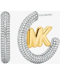 Michael Kors - Large Pavé Logo Charm Two-Tone Hoop Earrings - Lyst