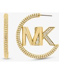 Michael Kors Pendiente de aro de latón chapado en metal precioso con logo e incrustación - Metálico