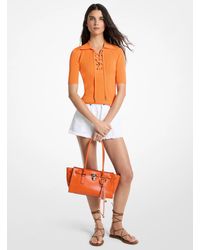 MICHAEL Michael Kors - Mk Ribbed Stretch Viscose Lace-Up Polo Top - Lyst