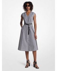 MICHAEL Michael Kors - Striped Cotton Poplin Belted Midi Dress - Lyst
